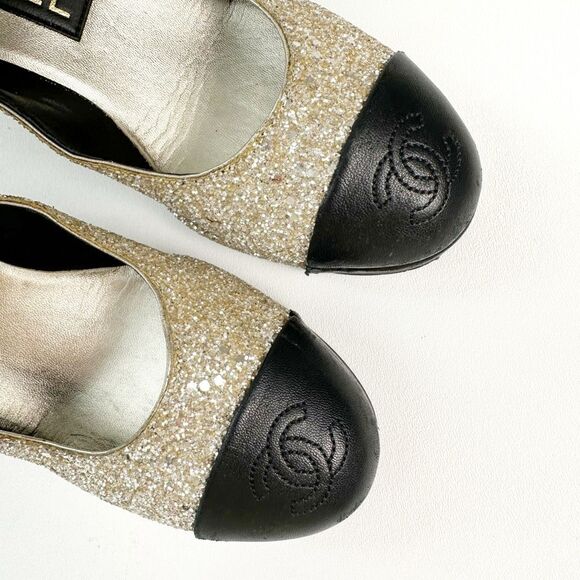 CHANEL 2023 Light Gold Glitter Black Mary Jane Heels 36 Cap Toe CC Logo Platform - Picture 9 of 16